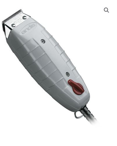 A gray ANDIS Outliner II Trimmer with a red switch and branding, equipped with a clipper guard.